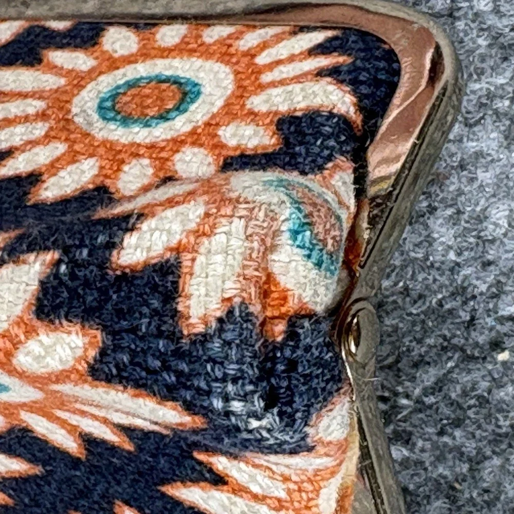Spartina 449 Eyeglass Case Floral Linen Leather Clamshell Kiss Lock Navy Orange